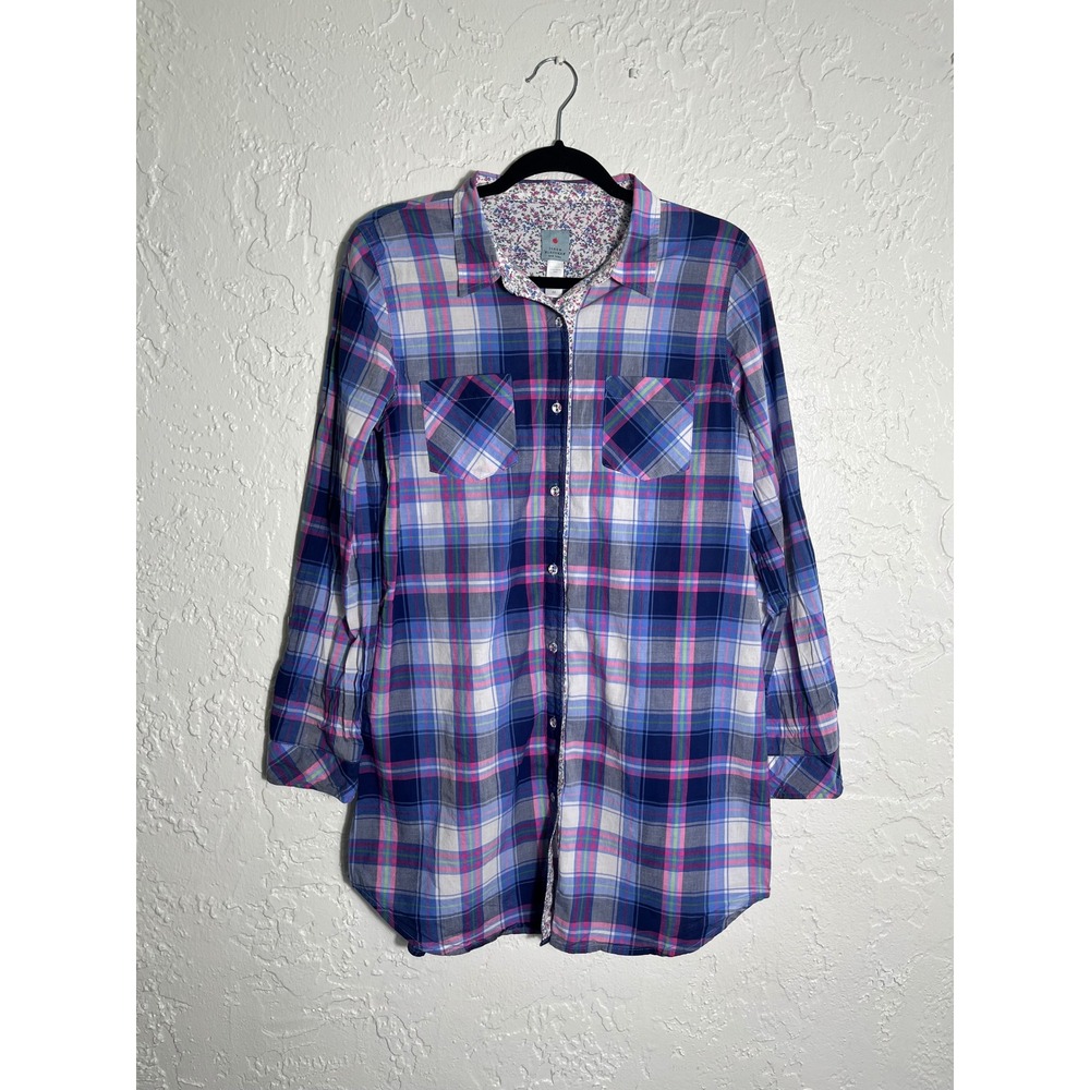 Jane & Bleecker New York Blue Pink Plaid Cotton Tunic Button Down Shirt Womens M